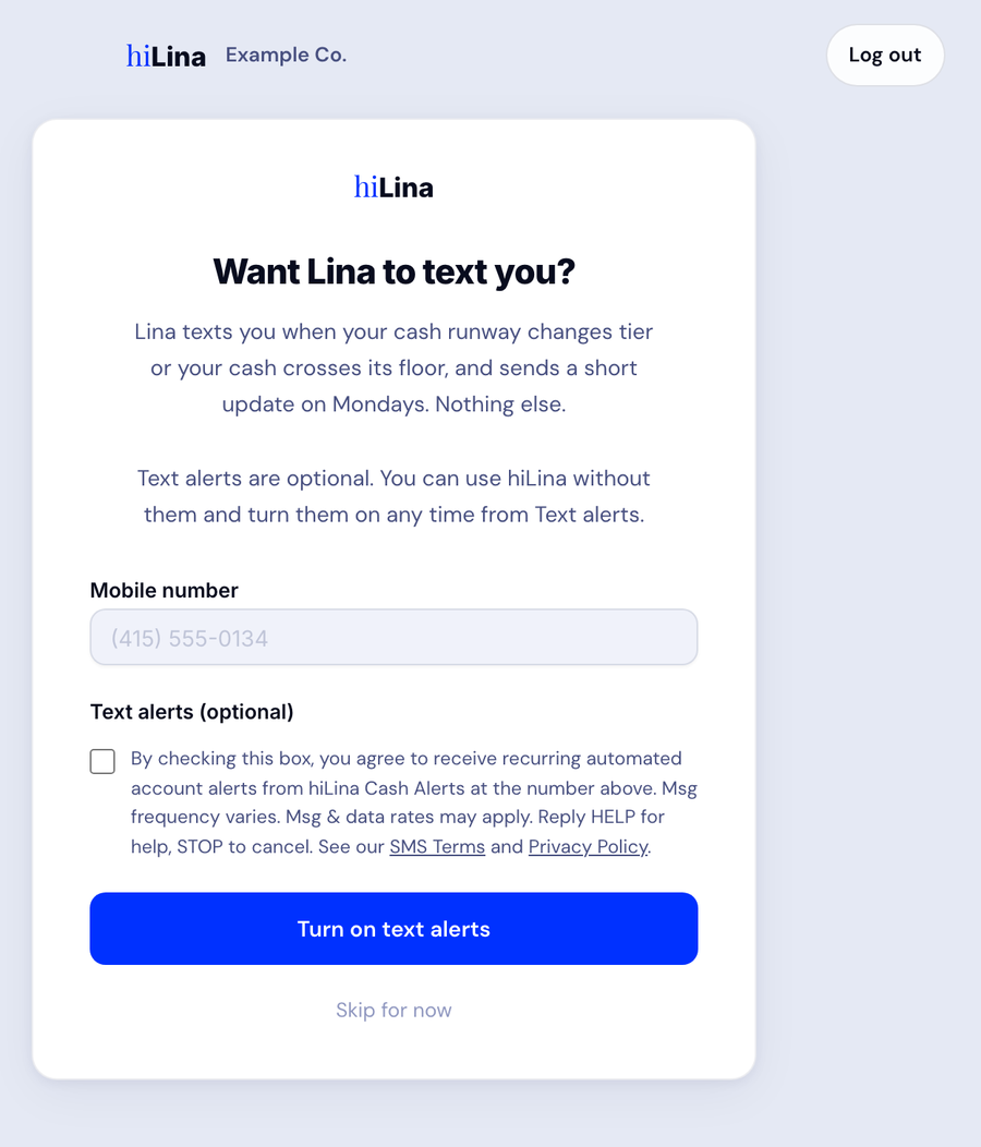 hiLina sign-up step titled 'Want Lina to text you?' with a mobile number field, an unchecked consent checkbox, a 'Turn on text alerts' button and a 'Skip for now' link.
