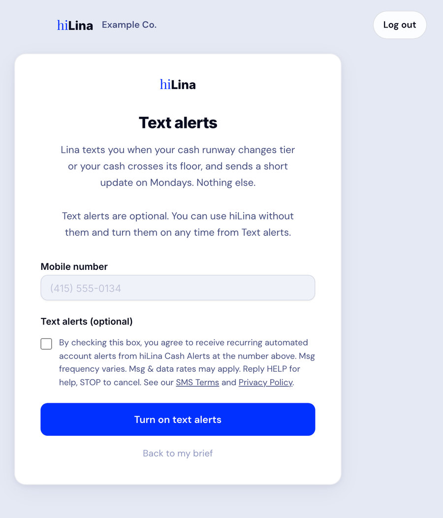 hiLina Text alerts page with the same mobile number field, unchecked consent checkbox and 'Turn on text alerts' button.